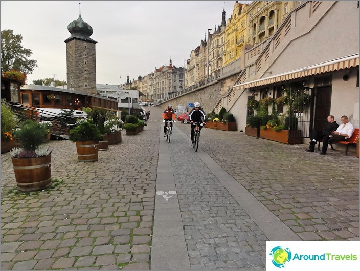 Bike paths go along the embankment of the Vltava River in Prague