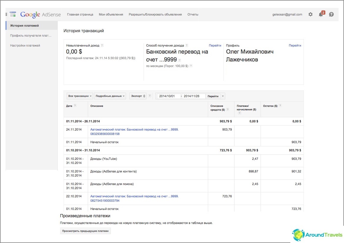 Google Adsense Payment History