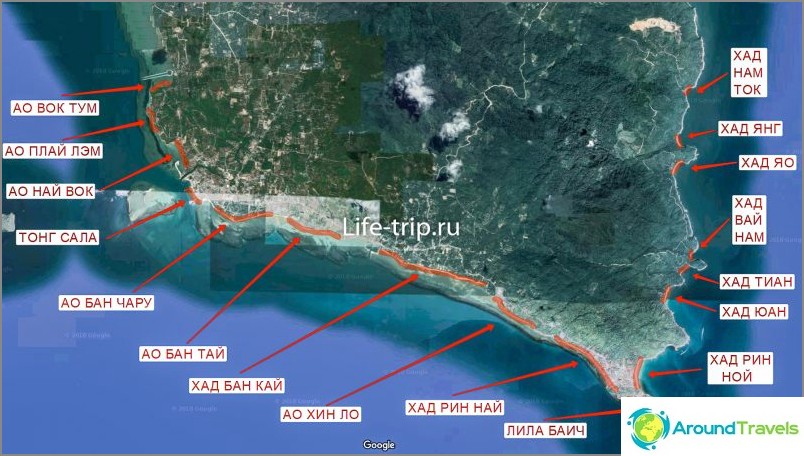 Map of the beaches of Phangan, south