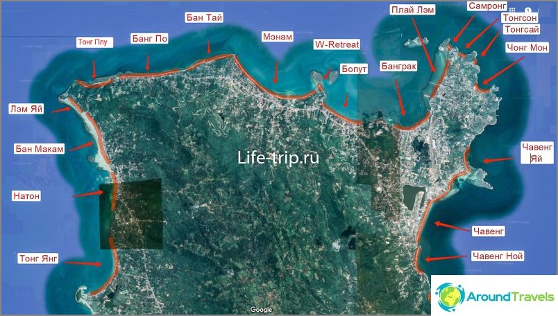 Map of beaches of Samui, north