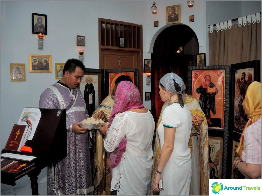 Russian pilgrims in the Orthodox Church of Medan