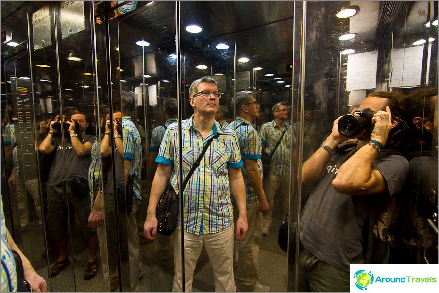 Elevator mirror, people are multiplying and multiplying