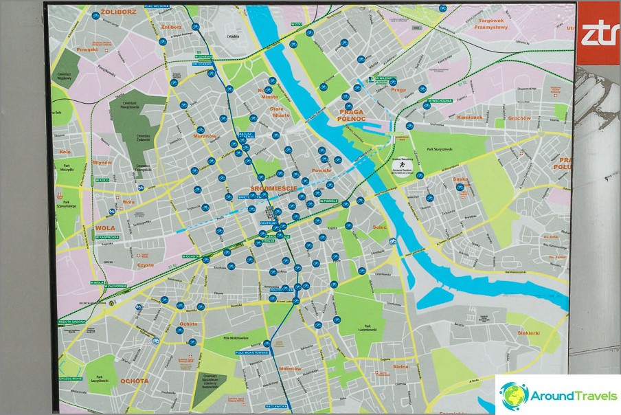 Map of bicycle rental points in Warsaw