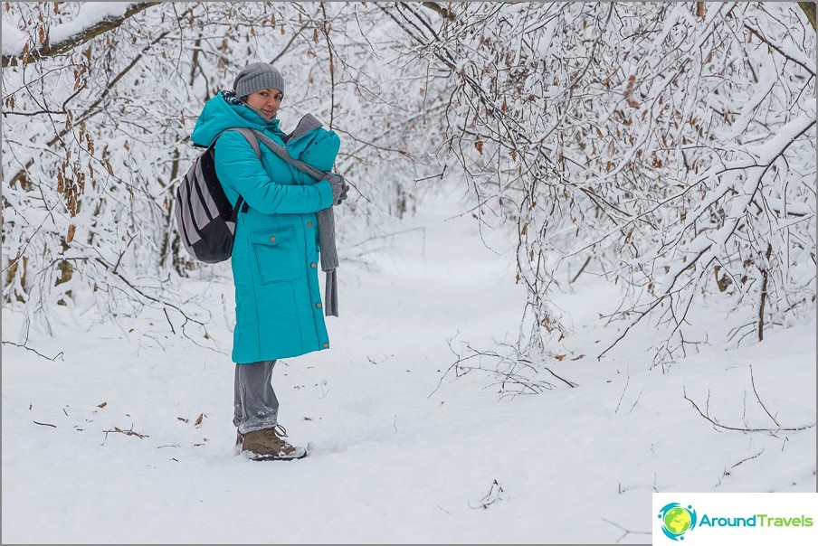 In the woods in winter it is more convenient to walk without a stroller
