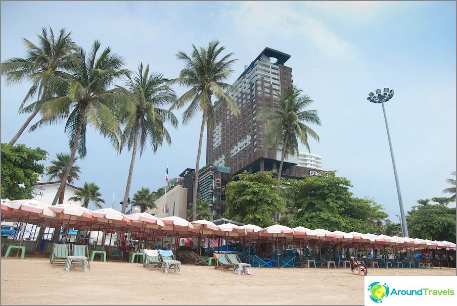 View from the beach to the Central festival shopping center and the Hilton hotel above it