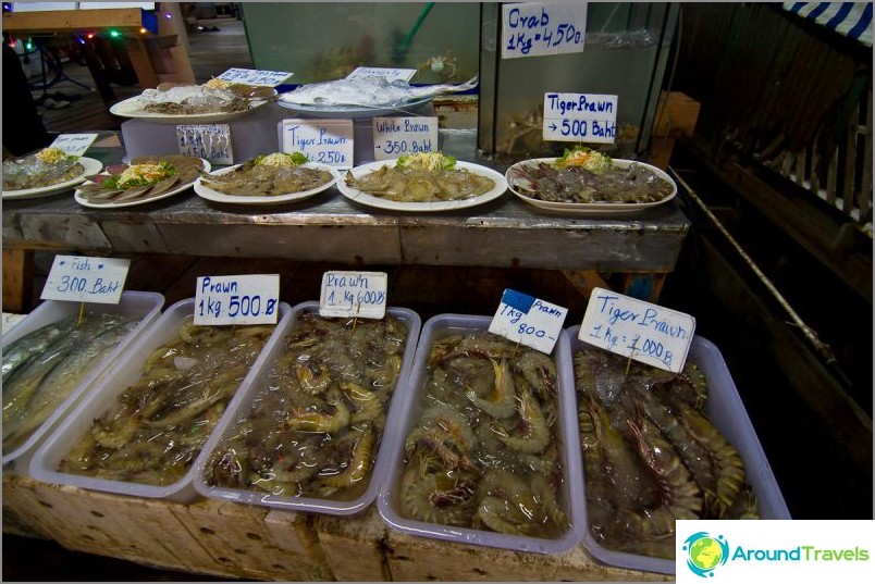 Prices for seafood in a cafe