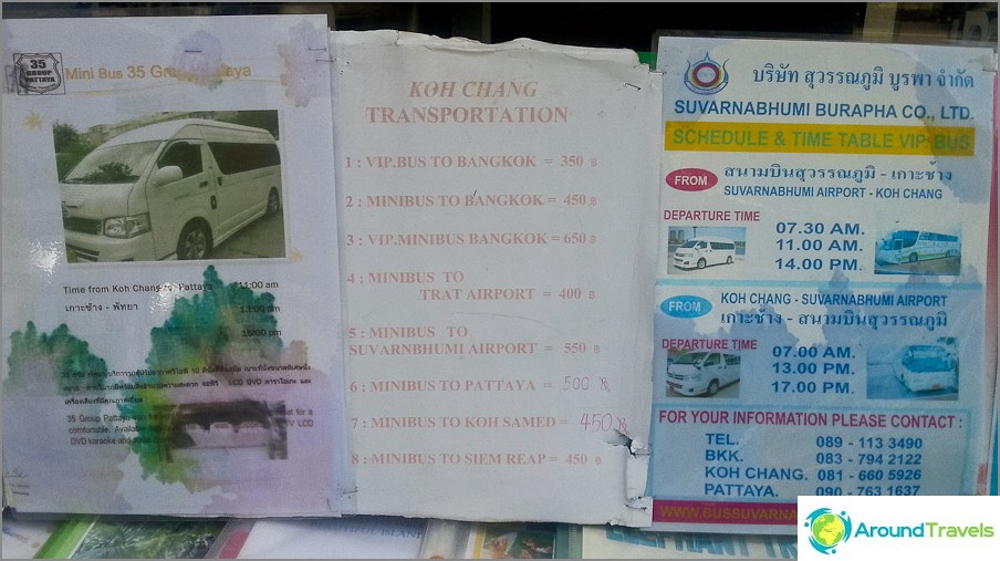Schedule for buses and minibas in the travel agency in Koh Chang