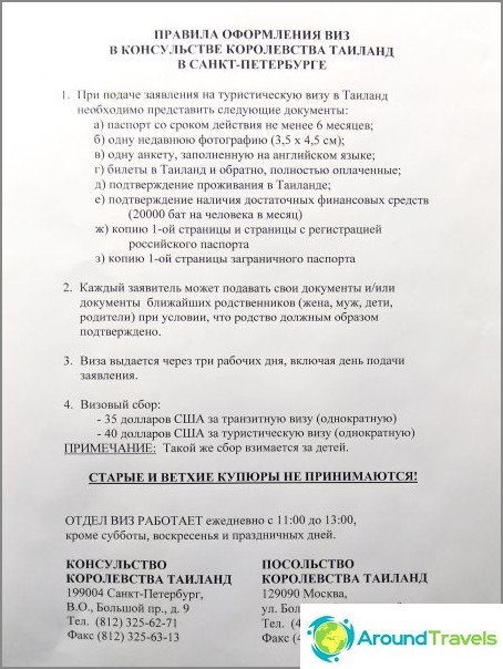 List of documents for Thai visa in St. Petersburg